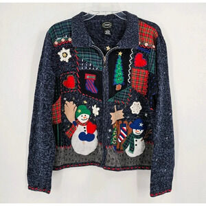 Designers Studio Original Women Sz M Sweater Festive Holiday Christmas Zip Front